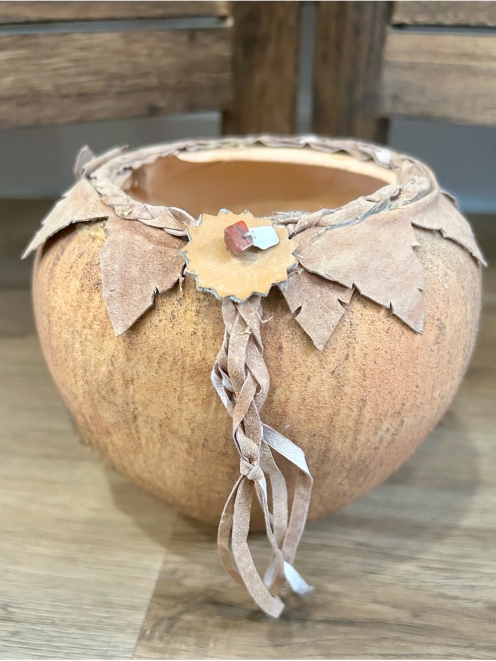 VTG Native American Terracotta Bowl, Braided Rawhide, Southwestern Decor 5x6”